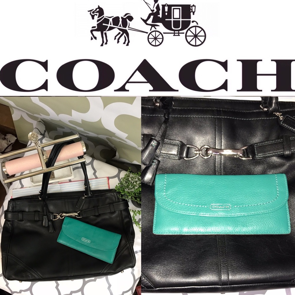 Coach Large Black Leather Shopper Tote w/ Wallet